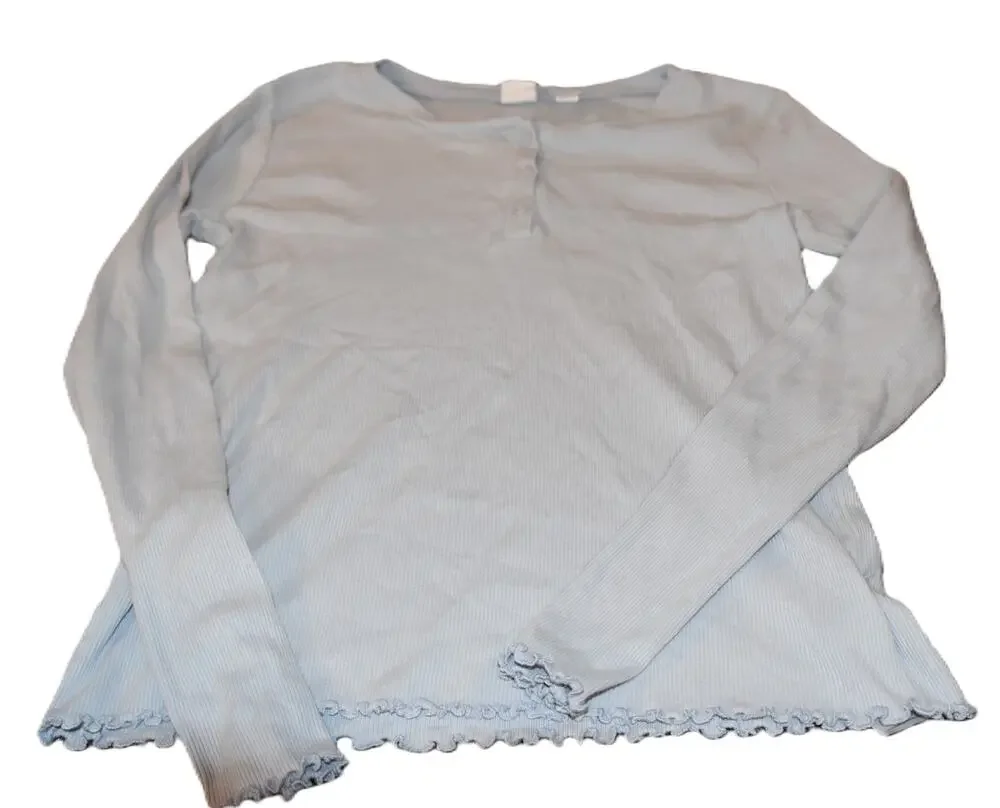 Gap Kids Blue Long Sleeve Ribbed Lettuce Trimmed Henley Shirt, XXL 14/16, EGU